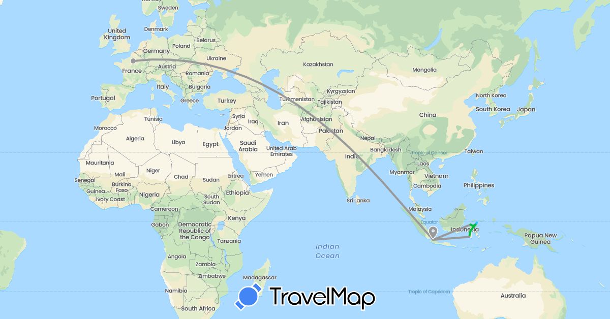 TravelMap itinerary: driving, bus, plane, boat in France, Indonesia (Asia, Europe)